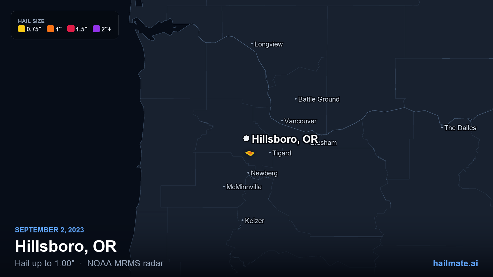 Hail swath map for Hillsboro, OR on September 2, 2023 showing 1.00 inch hail.