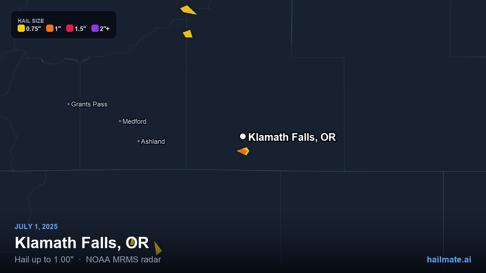 Hail swath map for Klamath Falls, OR on July 1, 2025 showing 1.00 inch hail.