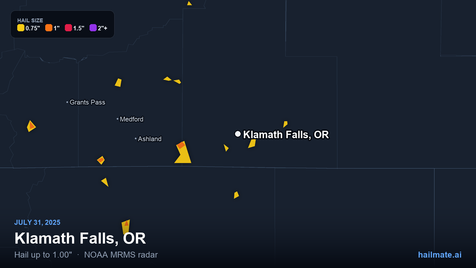 Hail swath map for Klamath Falls, OR on July 31, 2025 showing 1.00 inch hail.