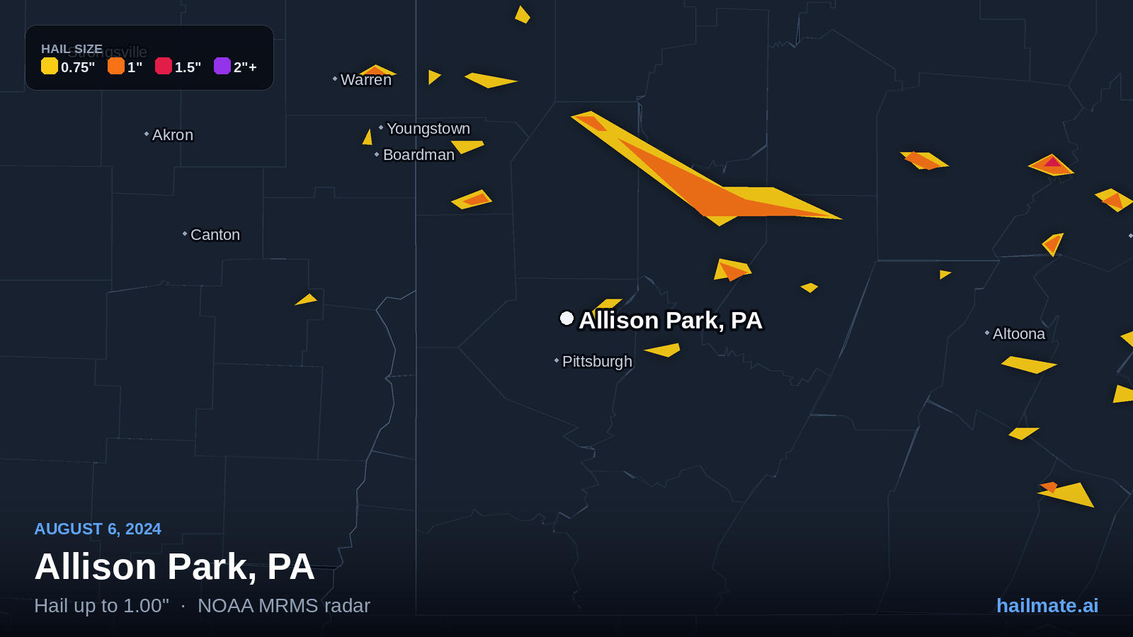 Hail swath map for Allison Park, PA on August 6, 2024 showing 1.00 inch hail.