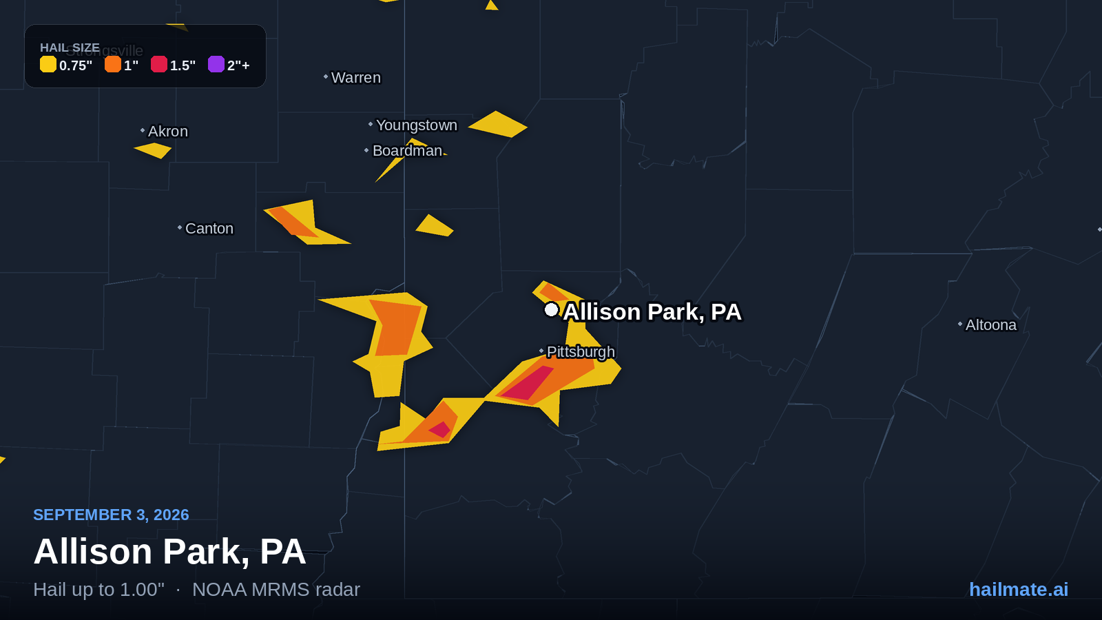 Hail swath map for Allison Park, PA on September 3, 2026 showing 1.00 inch hail.