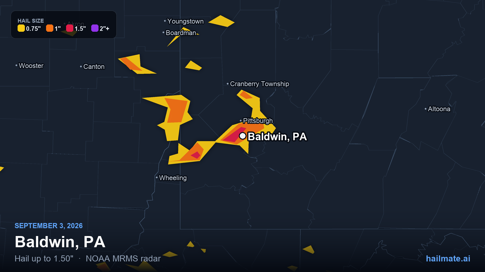 Hail swath map for Baldwin, PA on September 3, 2026 showing 1.50 inch hail.