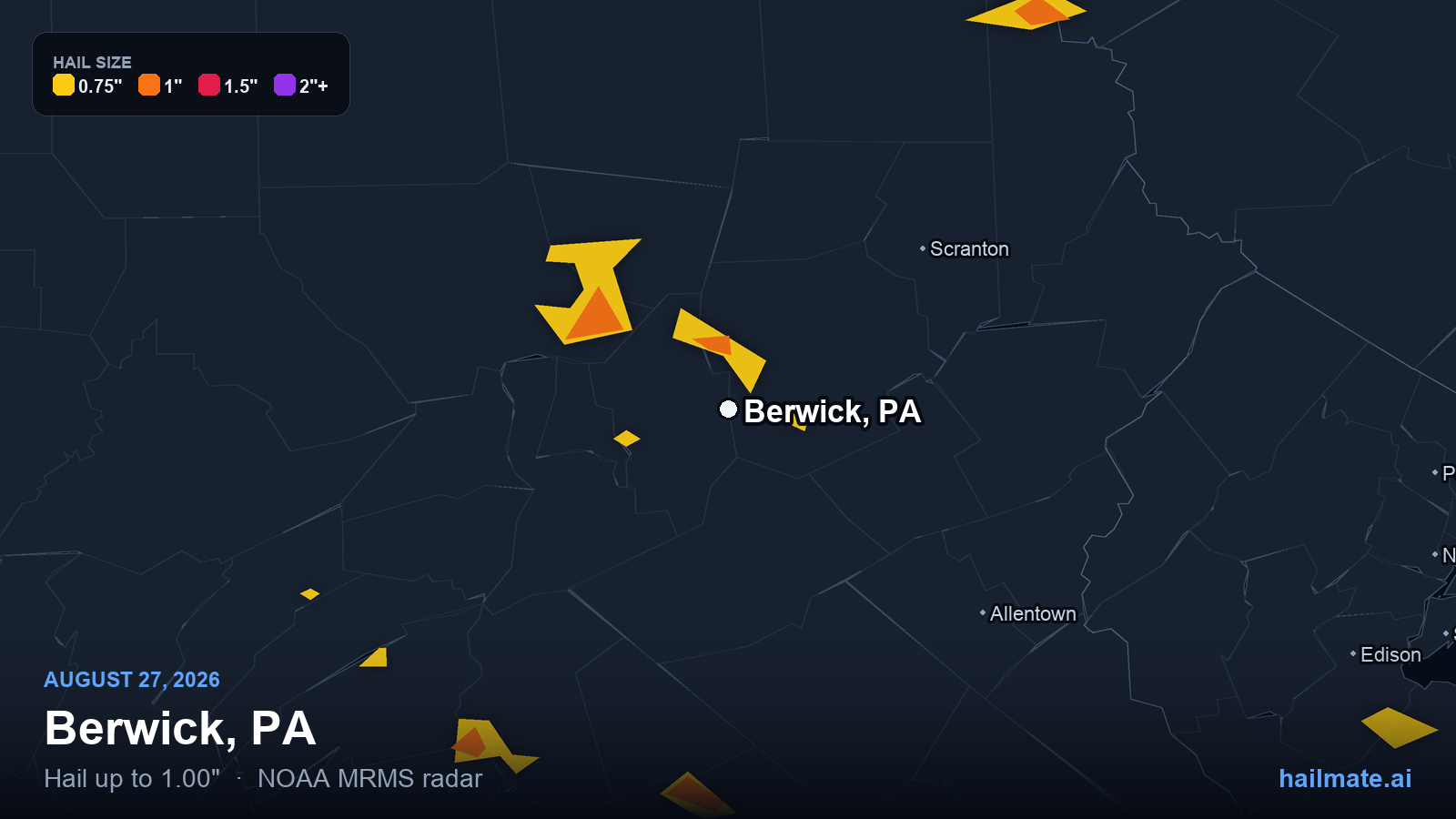 Hail swath map for Berwick, PA on August 27, 2026 showing 1.00 inch hail.