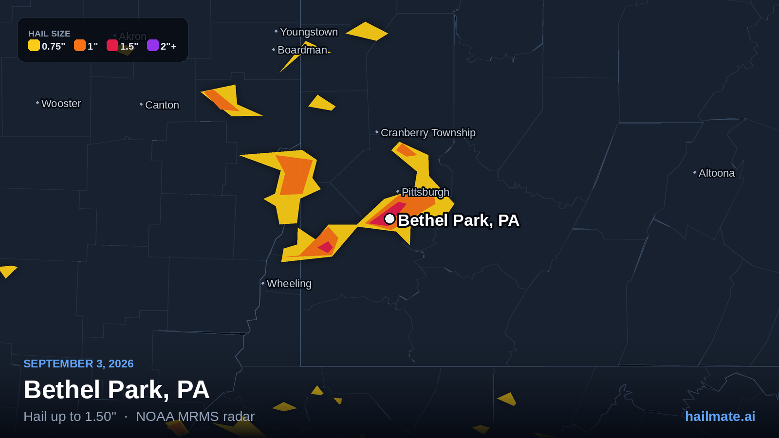 Hail swath map for Bethel Park, PA on September 3, 2026 showing 1.50 inch hail.