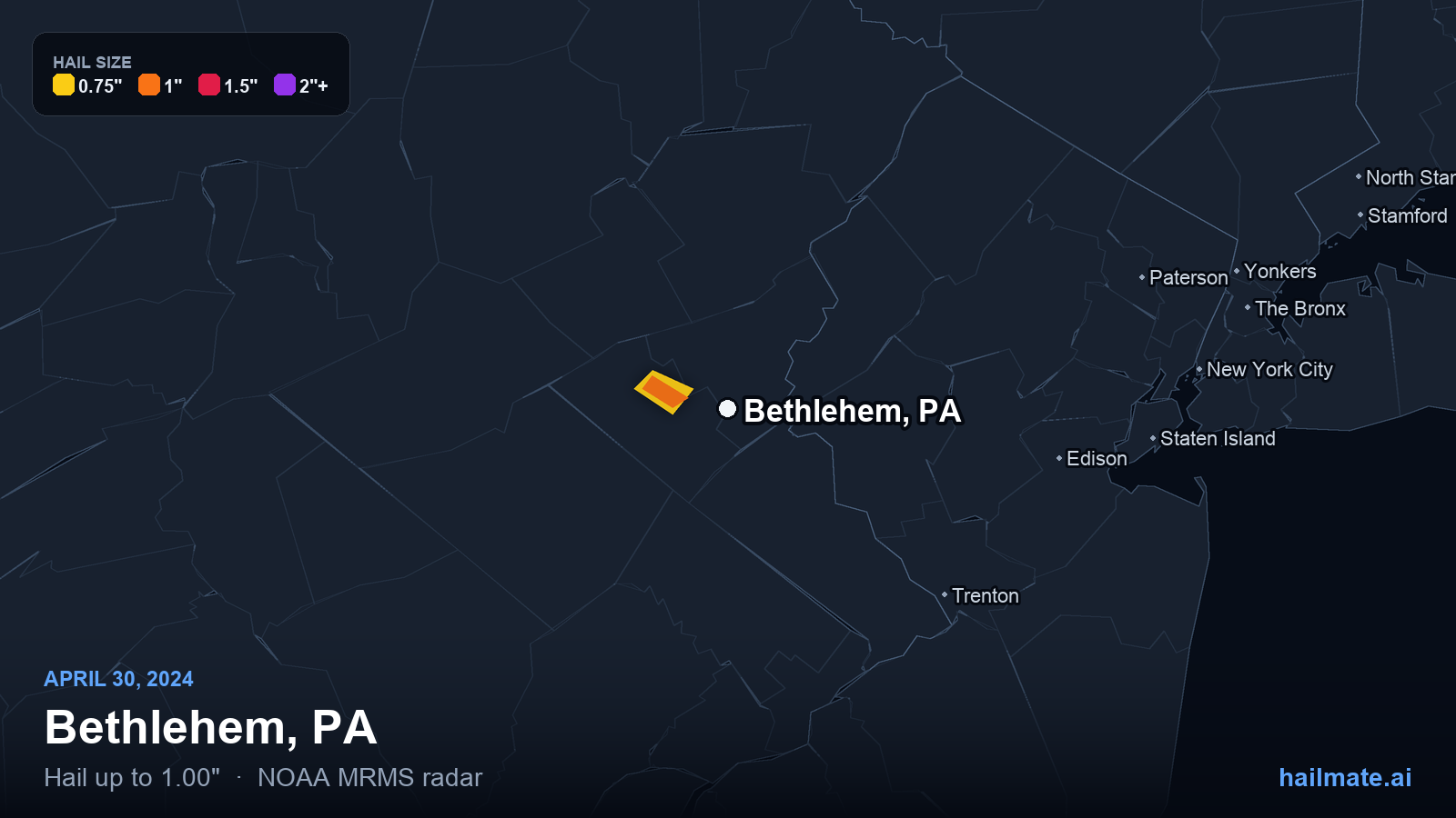 Hail swath map for Bethlehem, PA on April 30, 2024 showing 1.00 inch hail.