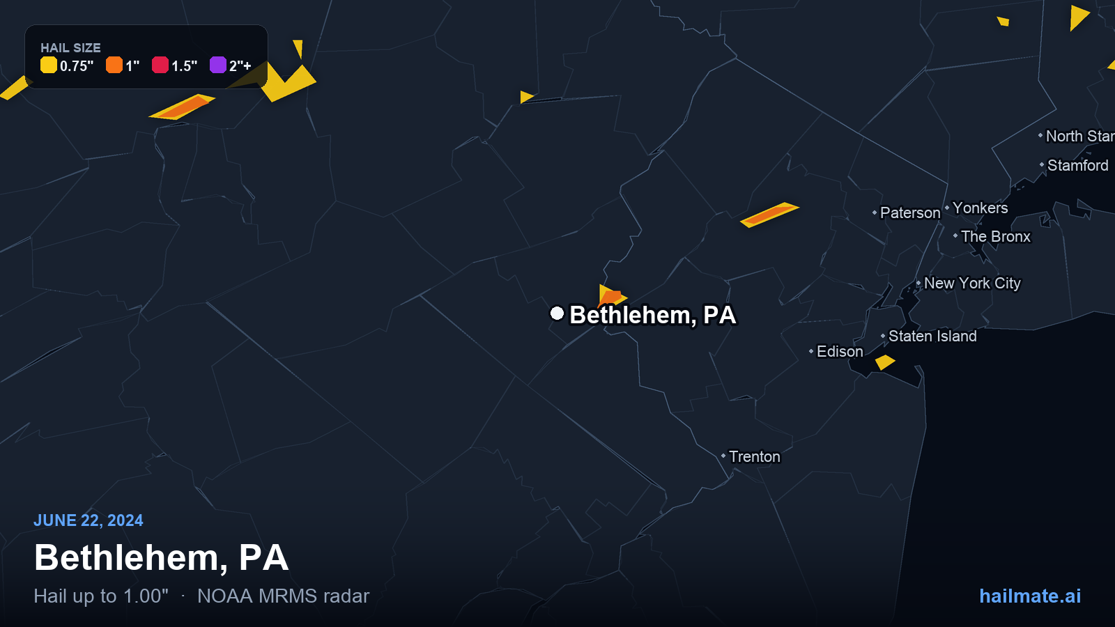 Hail swath map for Bethlehem, PA on June 22, 2024 showing 1.00 inch hail.