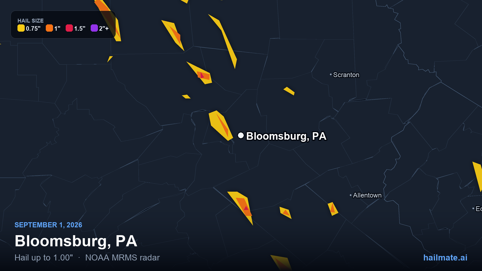 Hail swath map for Bloomsburg, PA on September 1, 2026 showing 1.00 inch hail.