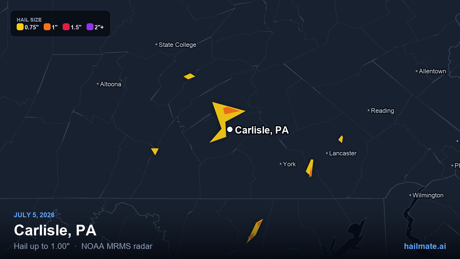 Hail swath map for Carlisle, PA on July 5, 2026 showing 1.00 inch hail.