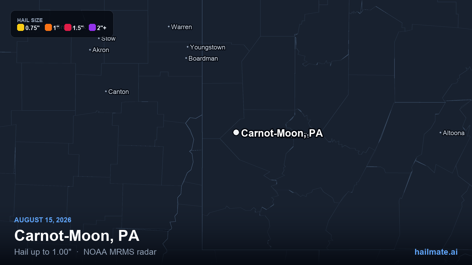 Hail swath map for Carnot-Moon, PA on August 15, 2026 showing 1.00 inch hail.
