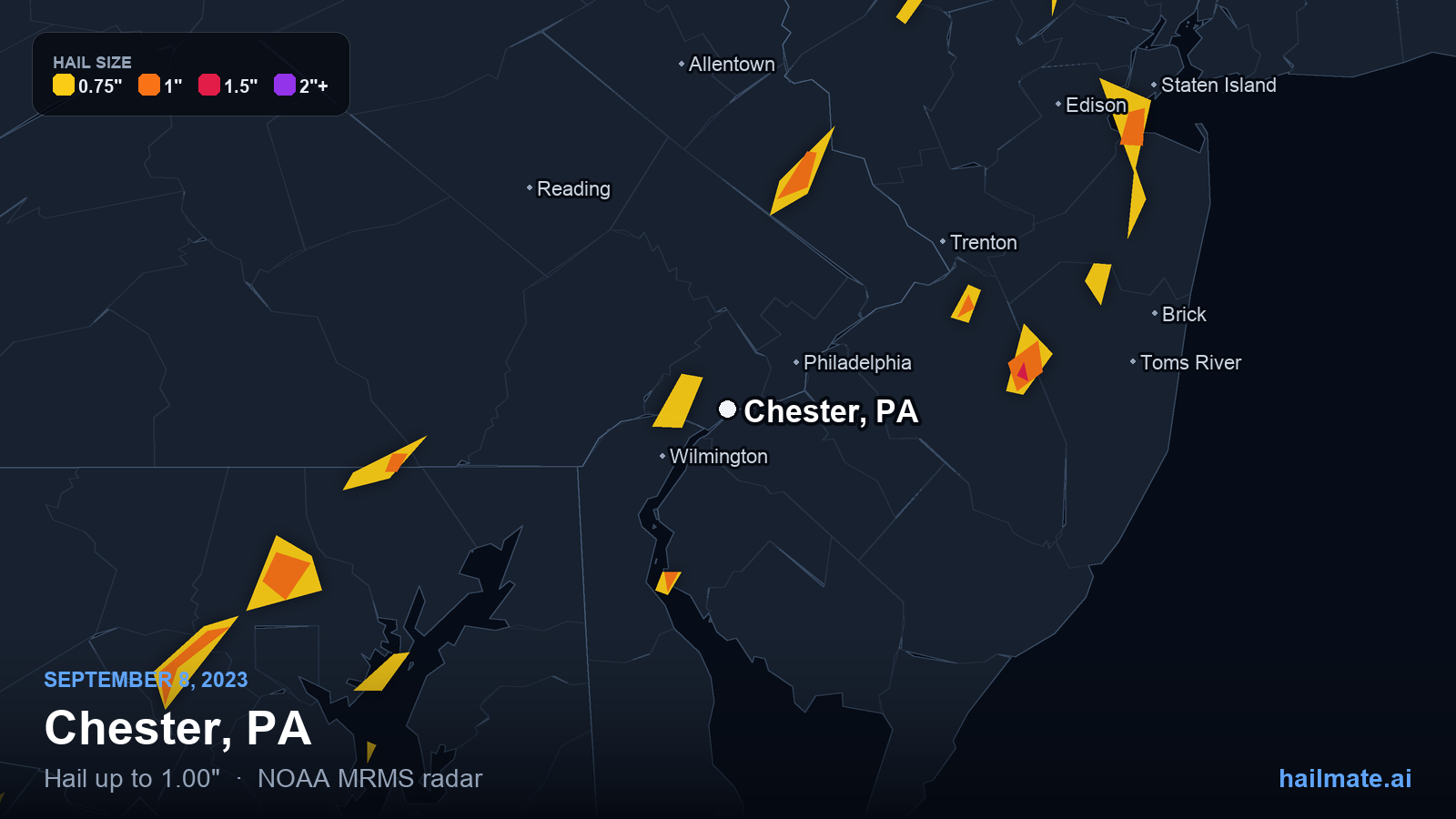 Hail swath map for Chester, PA on September 8, 2023 showing 1.00 inch hail.