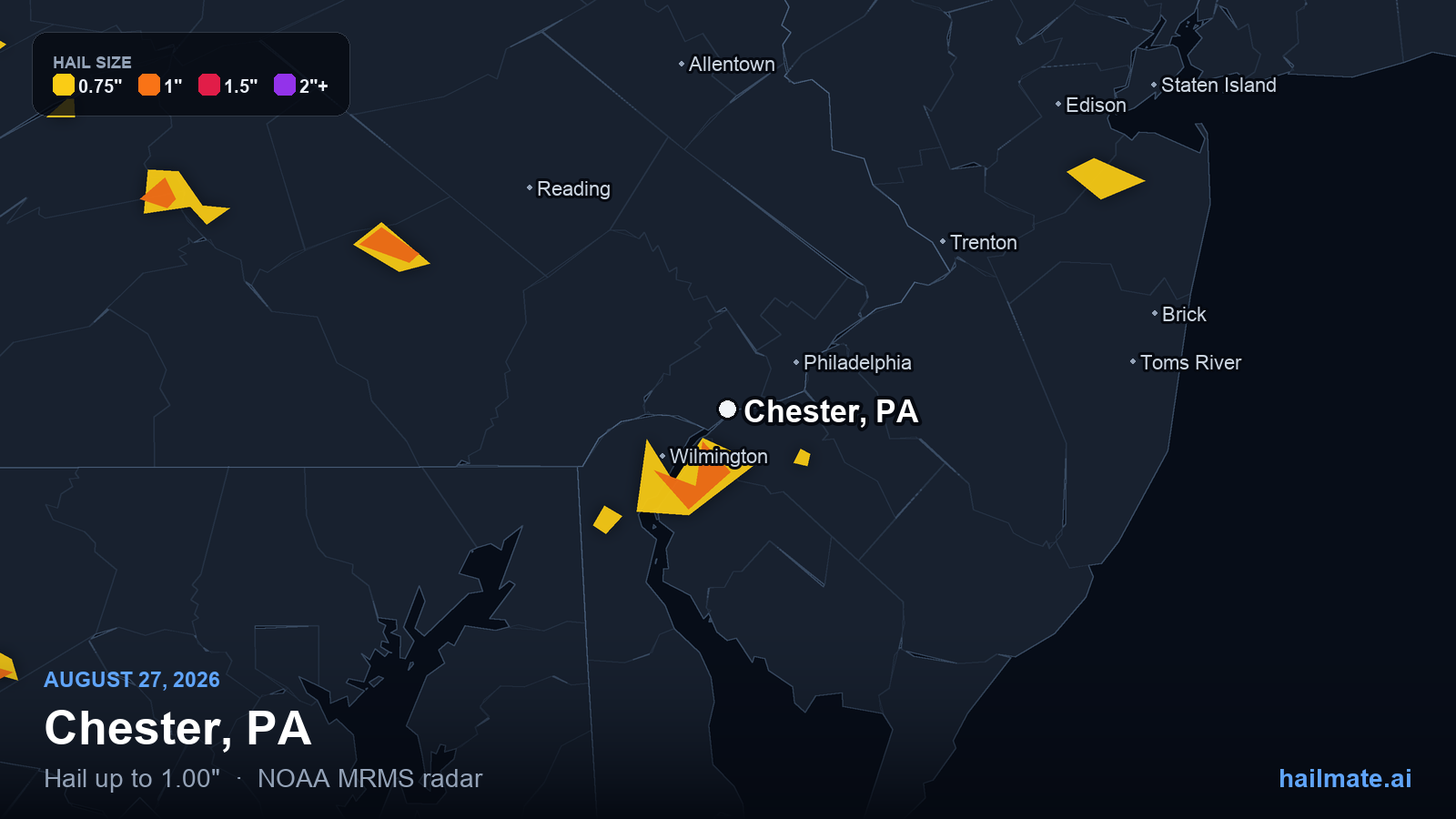 Hail swath map for Chester, PA on August 27, 2026 showing 1.00 inch hail.