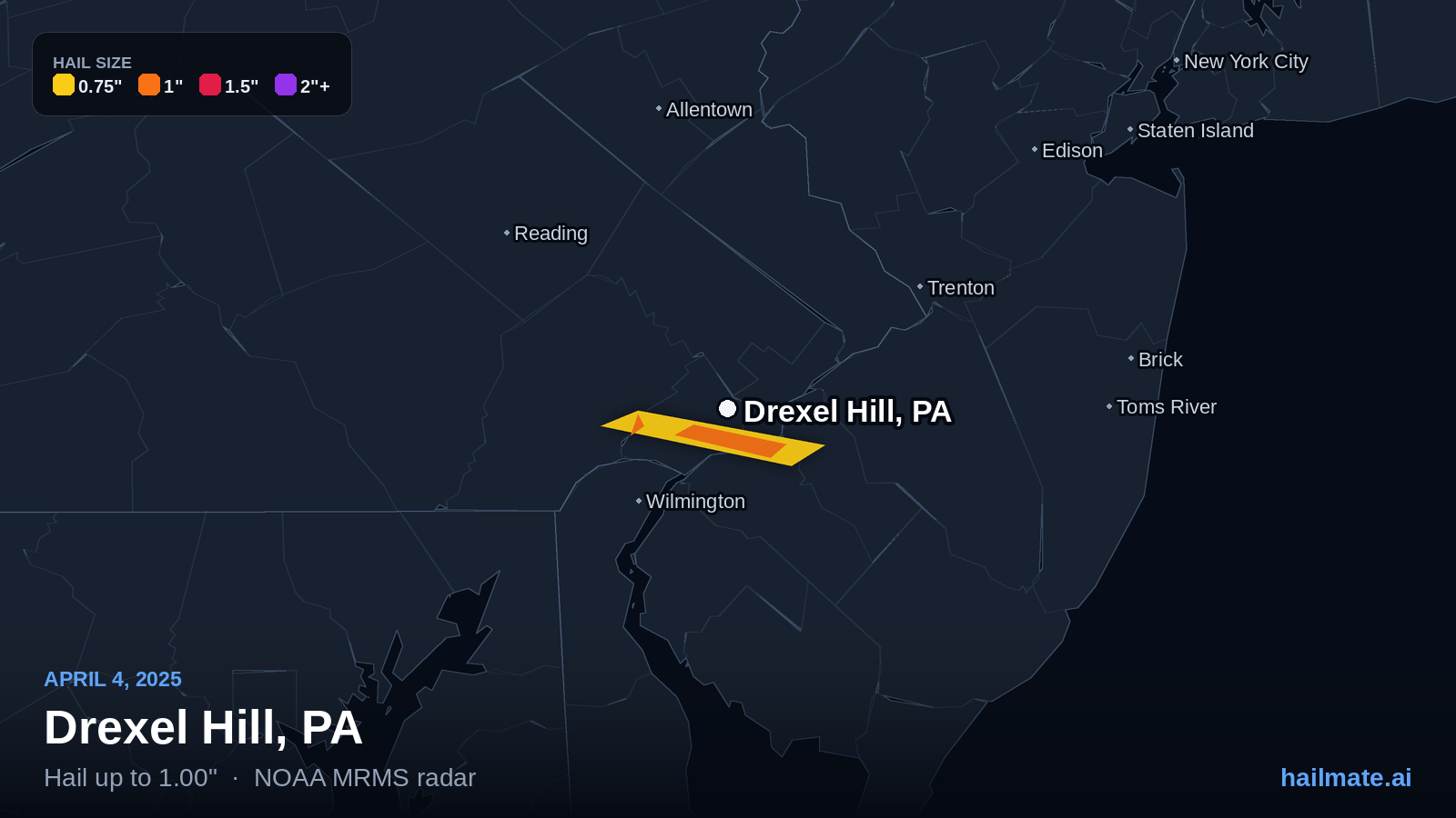 Hail swath map for Drexel Hill, PA on April 4, 2025 showing 1.00 inch hail.