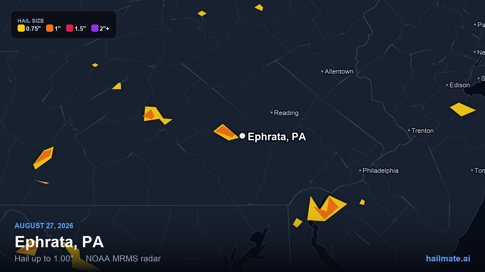 Hail swath map for Ephrata, PA on August 27, 2026 showing 1.00 inch hail.