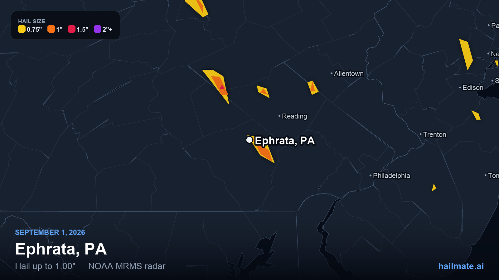 Hail swath map for Ephrata, PA on September 1, 2026 showing 1.00 inch hail.