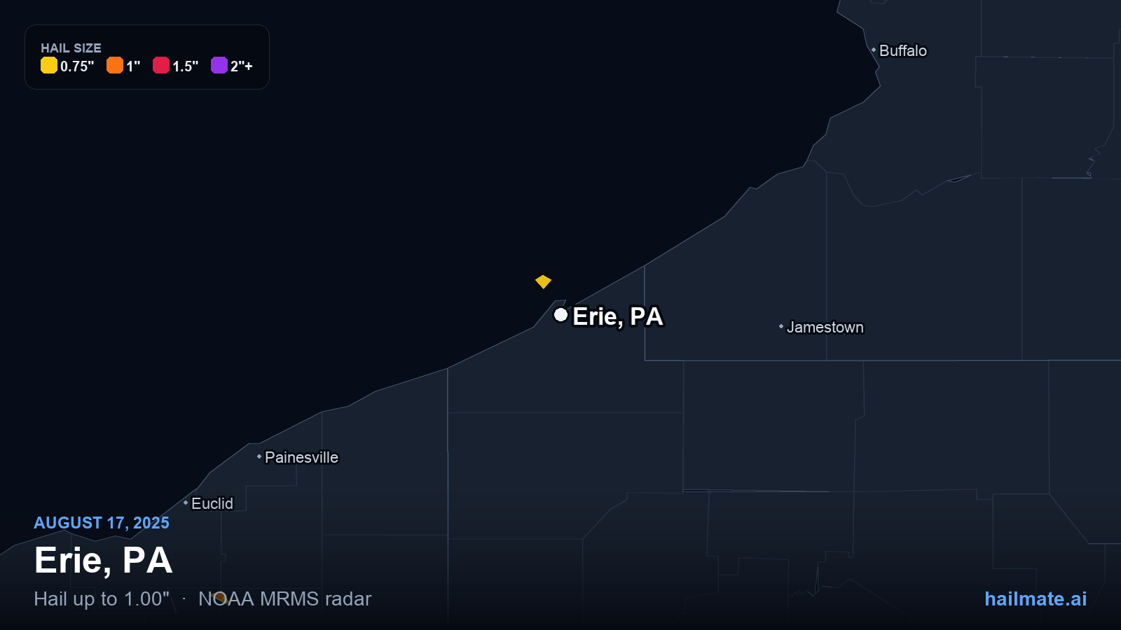 Hail swath map for Erie, PA on August 17, 2025 showing 1.00 inch hail.