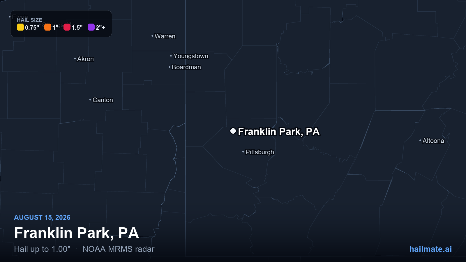 Hail swath map for Franklin Park, PA on August 15, 2026 showing 1.00 inch hail.