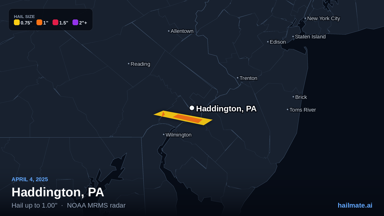 Hail swath map for Haddington, PA on April 4, 2025 showing 1.00 inch hail.