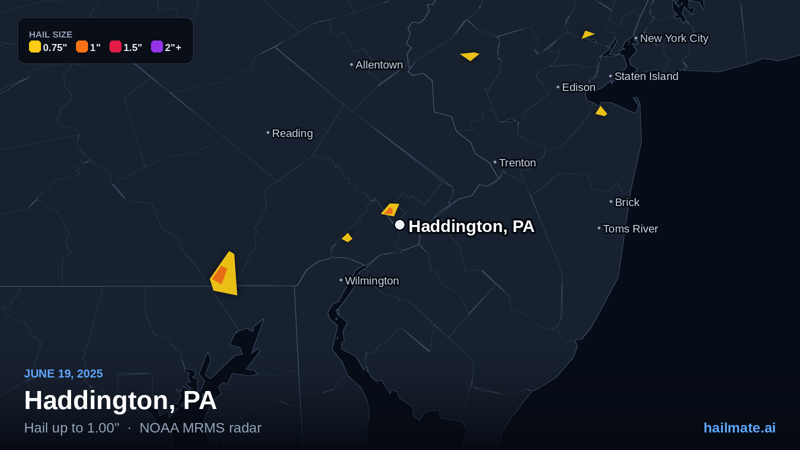 Hail swath map for Haddington, PA on June 19, 2025 showing 1.00 inch hail.