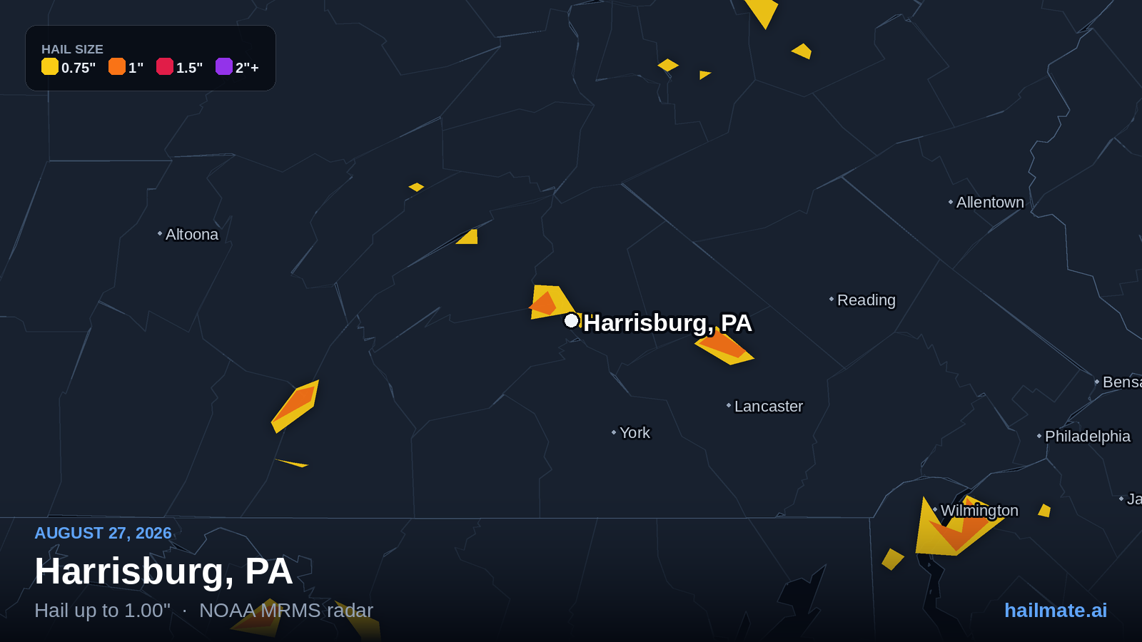 Hail swath map for Harrisburg, PA on August 27, 2026 showing 1.00 inch hail.