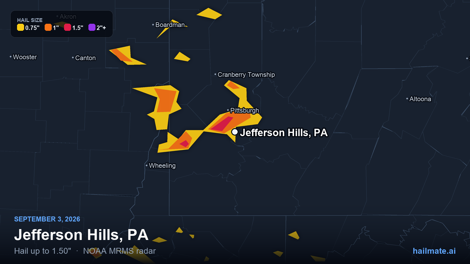 Hail swath map for Jefferson Hills, PA on September 3, 2026 showing 1.50 inch hail.