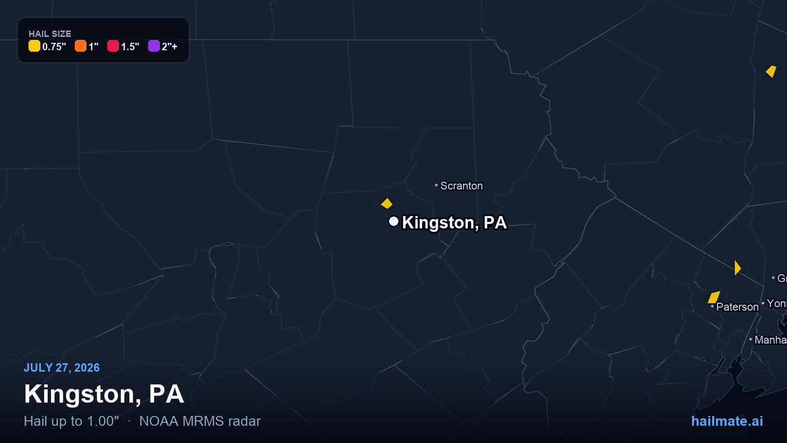Hail swath map for Kingston, PA on July 27, 2026 showing 1.00 inch hail.
