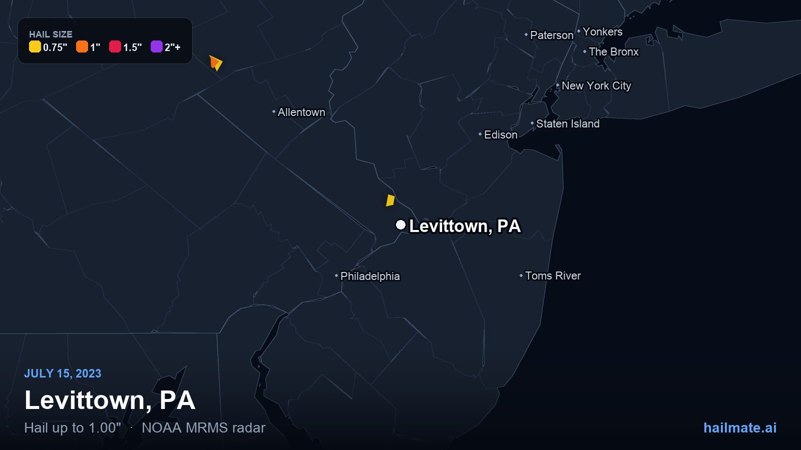 Hail swath map for Levittown, PA on July 15, 2023 showing 1.00 inch hail.