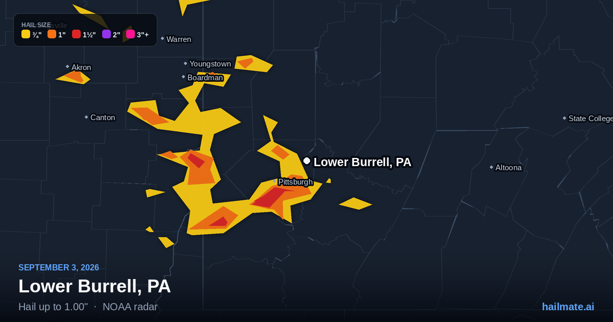 Hail Map for Lower Burrell, PA — September 3, 2026 | HailMate