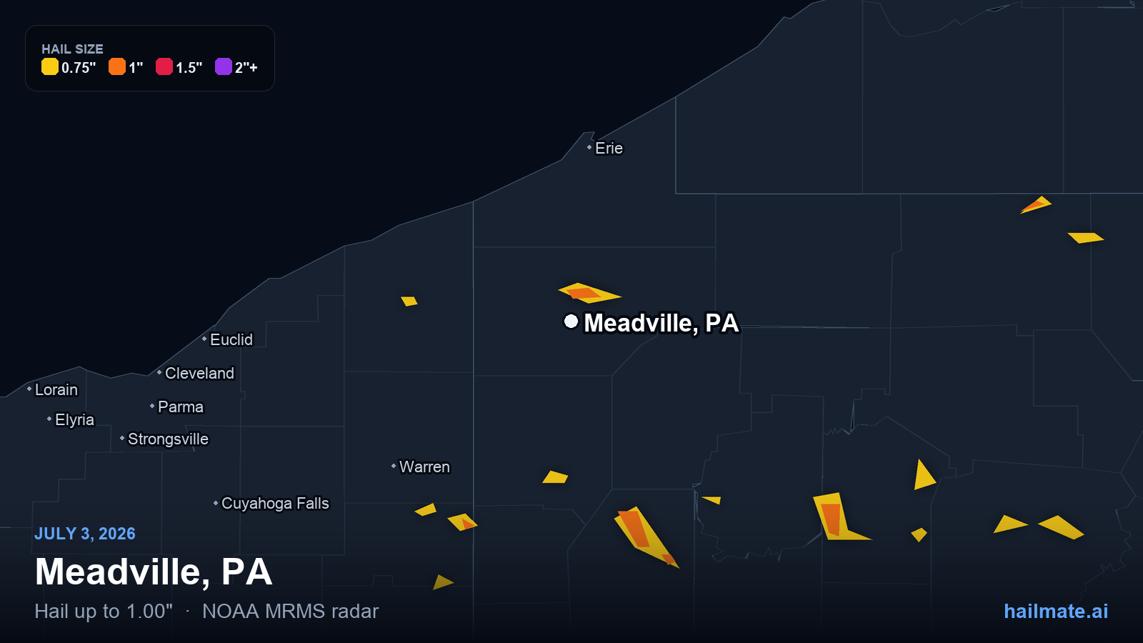 Hail swath map for Meadville, PA on July 3, 2026 showing 1.00 inch hail.
