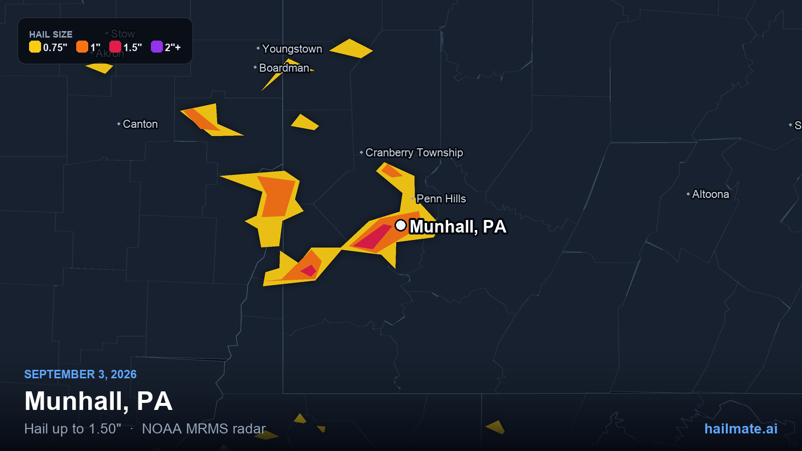 Hail swath map for Munhall, PA on September 3, 2026 showing 1.50 inch hail.