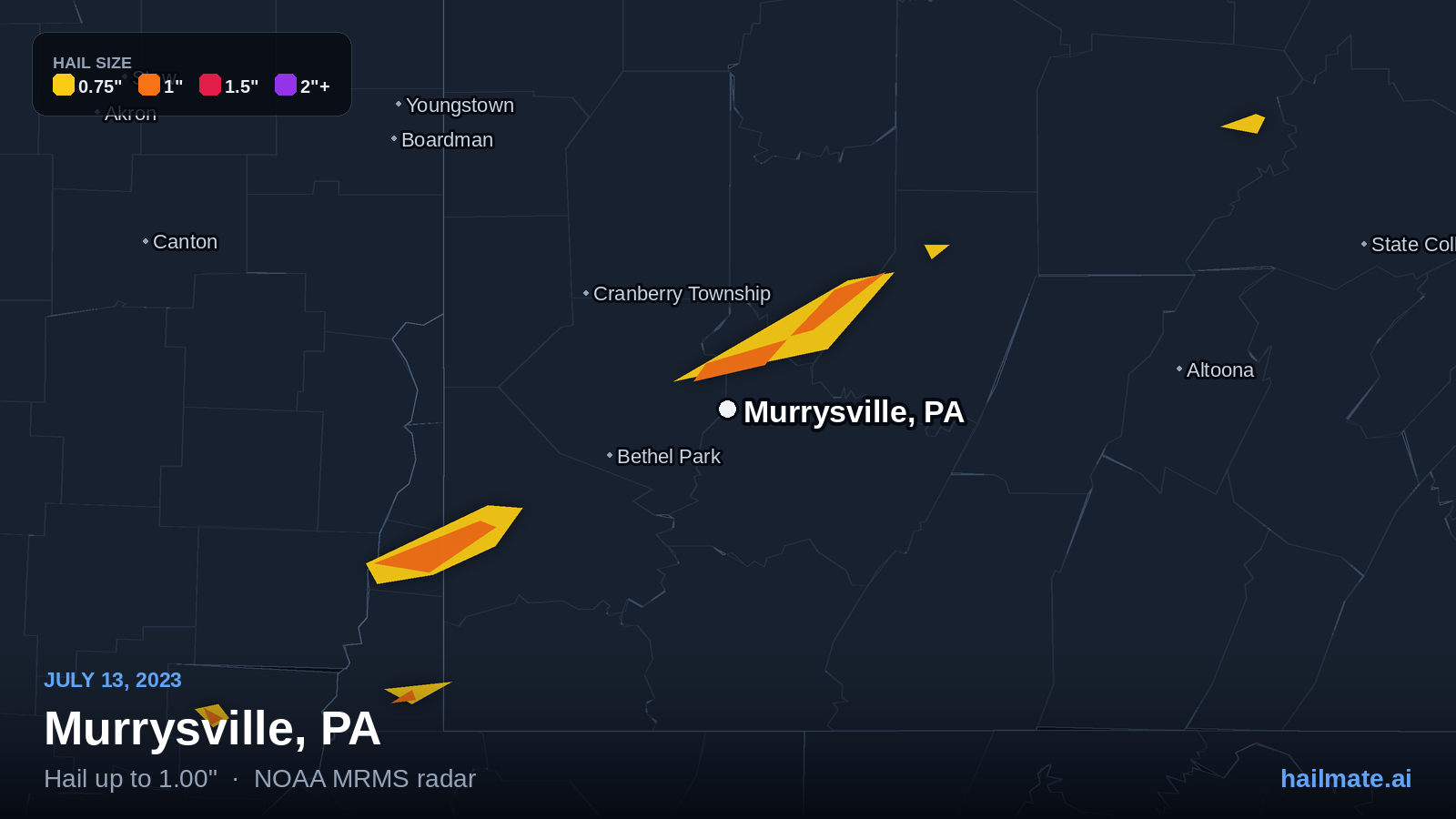 Hail swath map for Murrysville, PA on July 13, 2023 showing 1.00 inch hail.