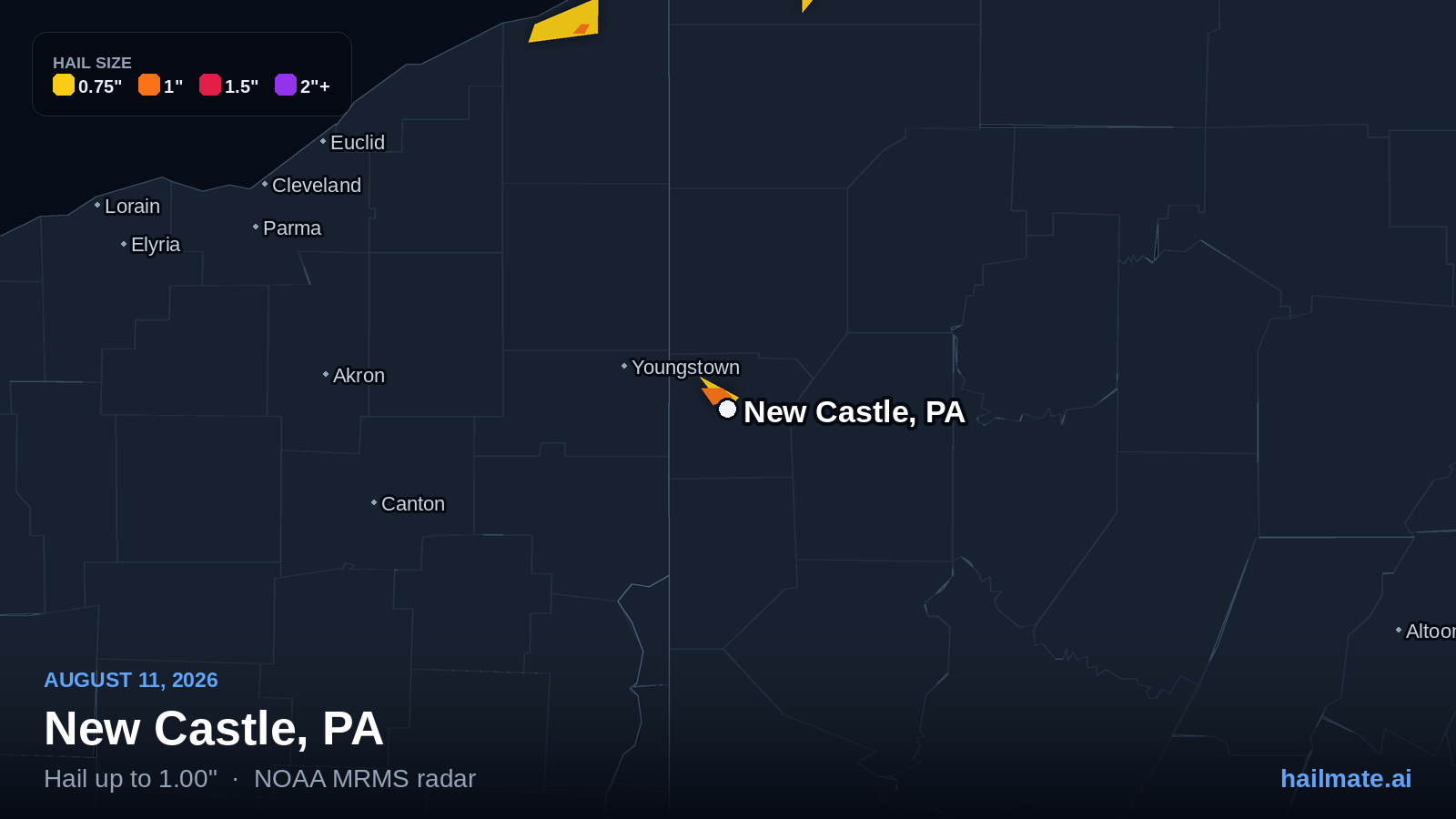 Hail swath map showing 1.00 inch hail over New Castle, Pennsylvania on August 11, 2026.
