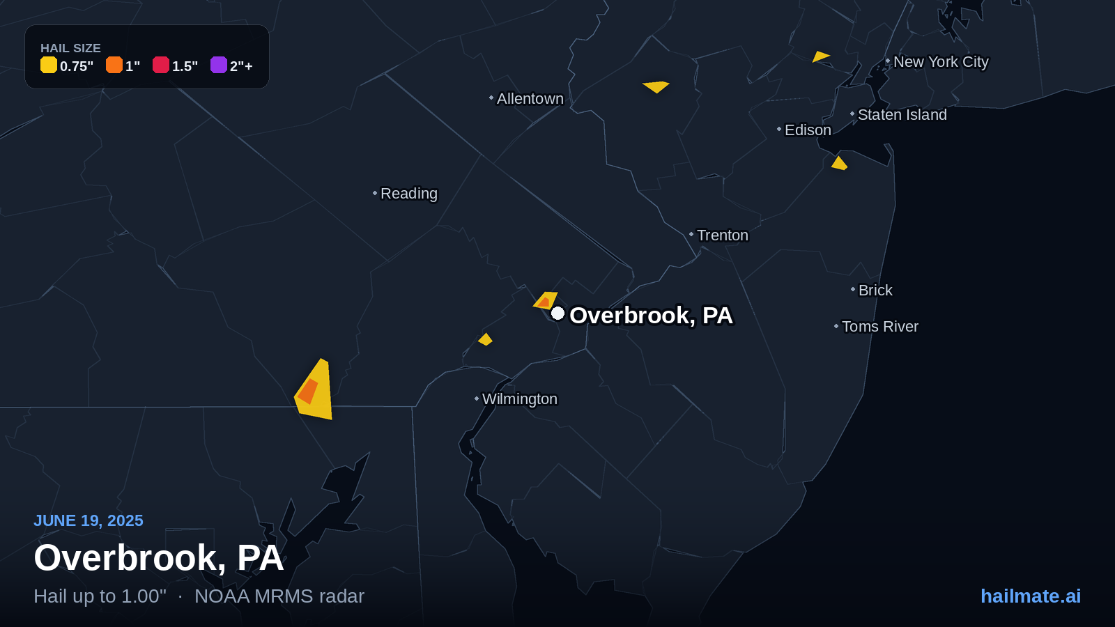 Hail swath map for Overbrook, PA on June 19, 2025 showing 1.00 inch hail.