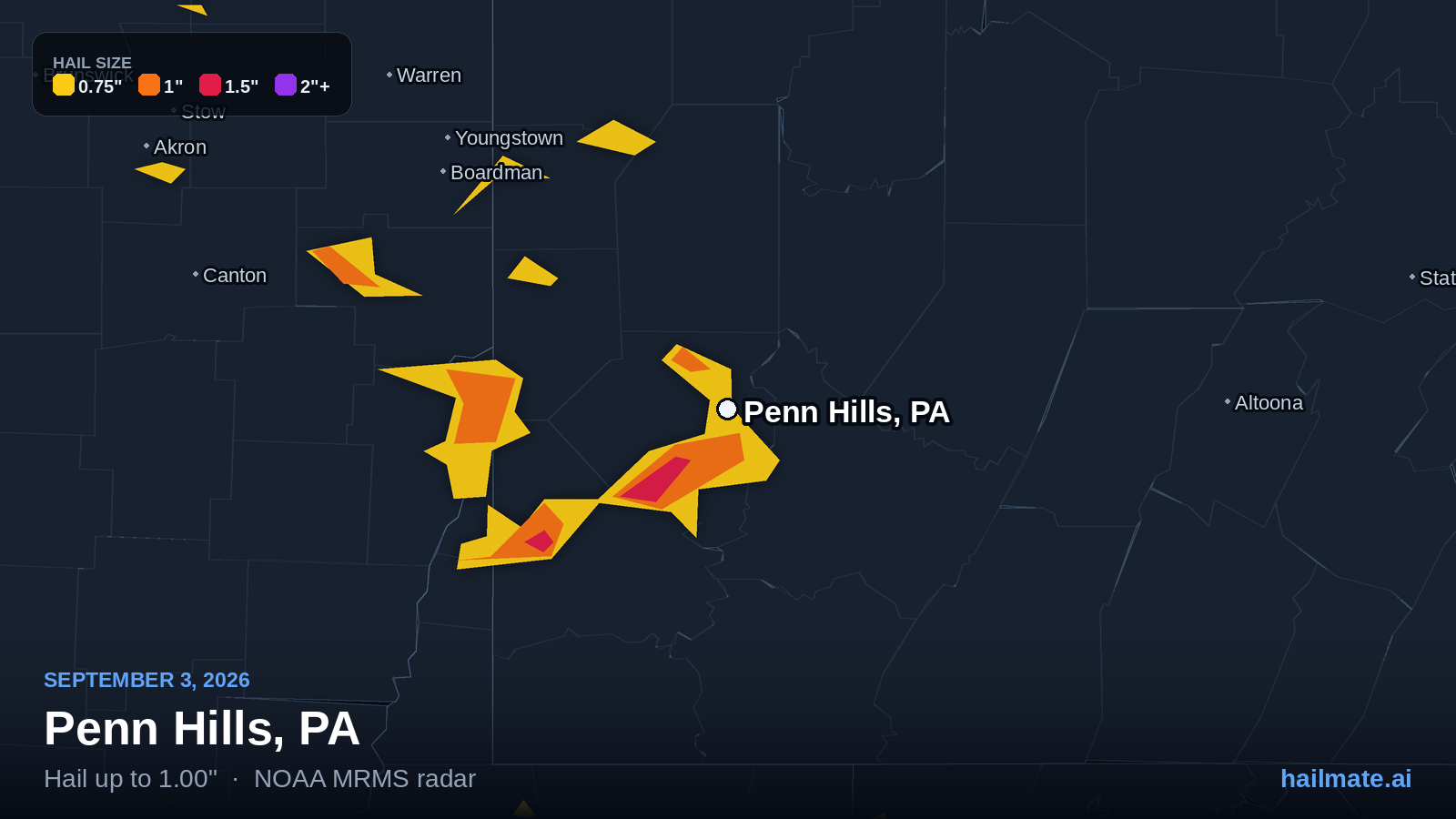 Hail swath map for Penn Hills, PA on September 3, 2026 showing 1.00 inch hail.