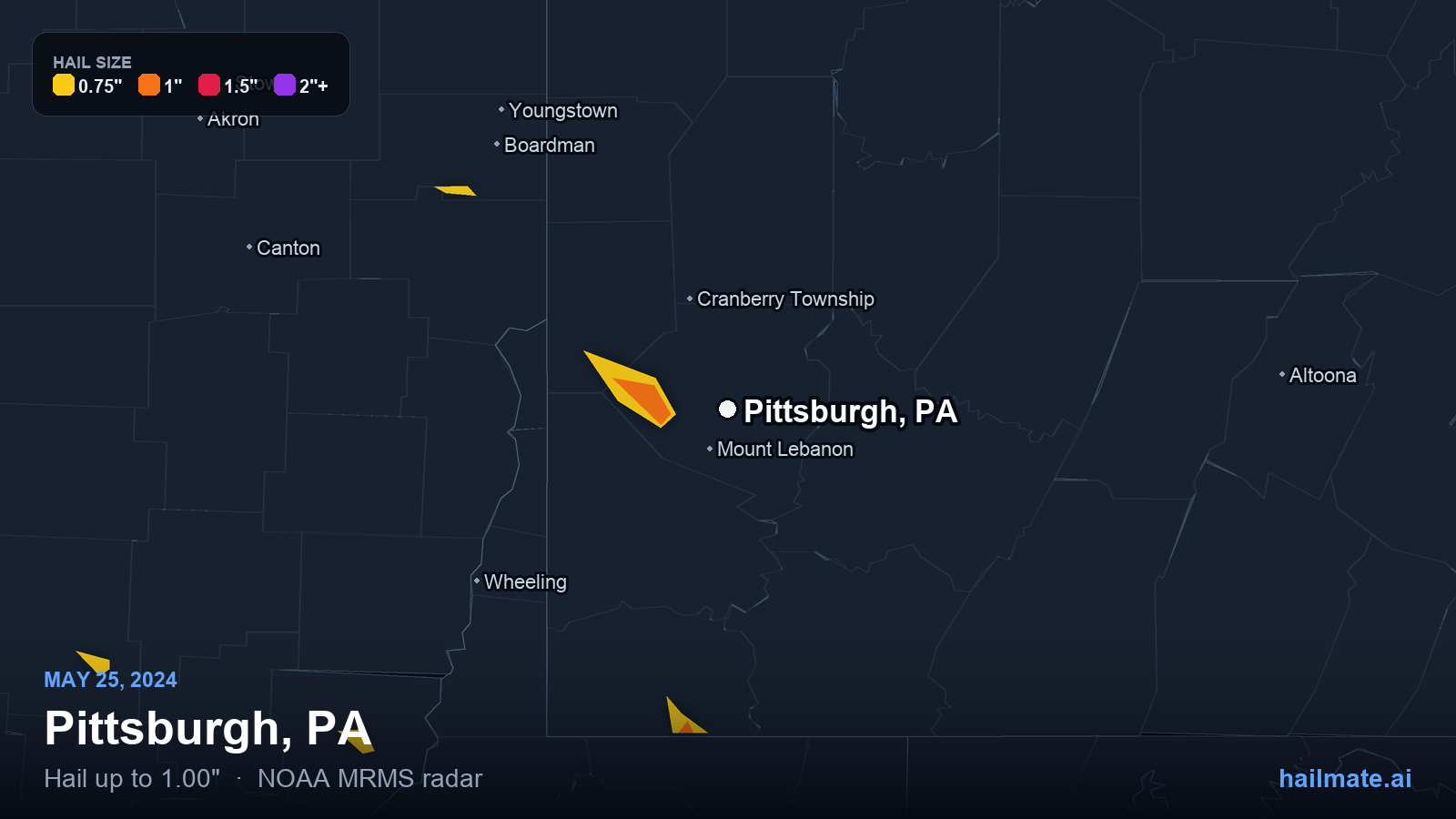 Hail swath map for Pittsburgh, PA on May 25, 2024 showing 1.00 inch hail.