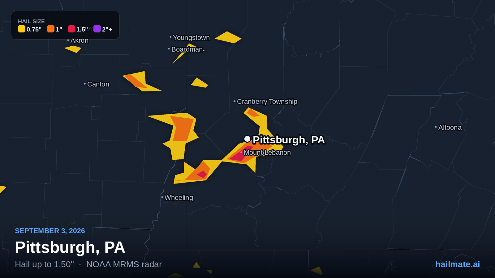 Hail swath map for Pittsburgh, PA on September 3, 2026 showing 1.50 inch hail.