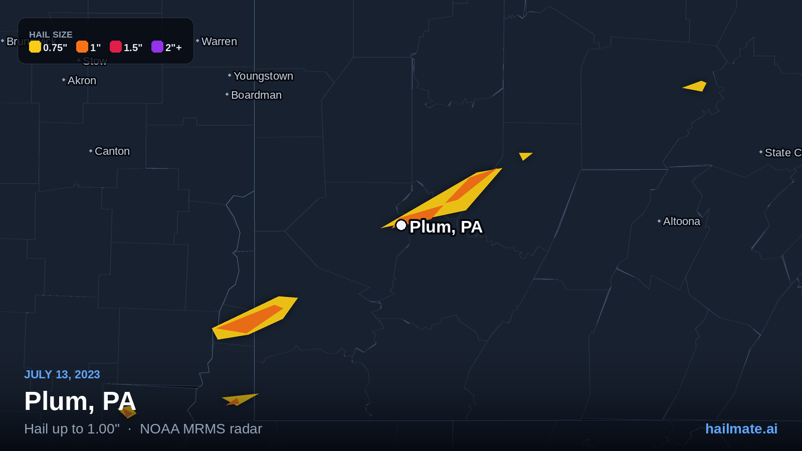 Hail swath map for Plum, PA on July 13, 2023 showing 1.00 inch hail.