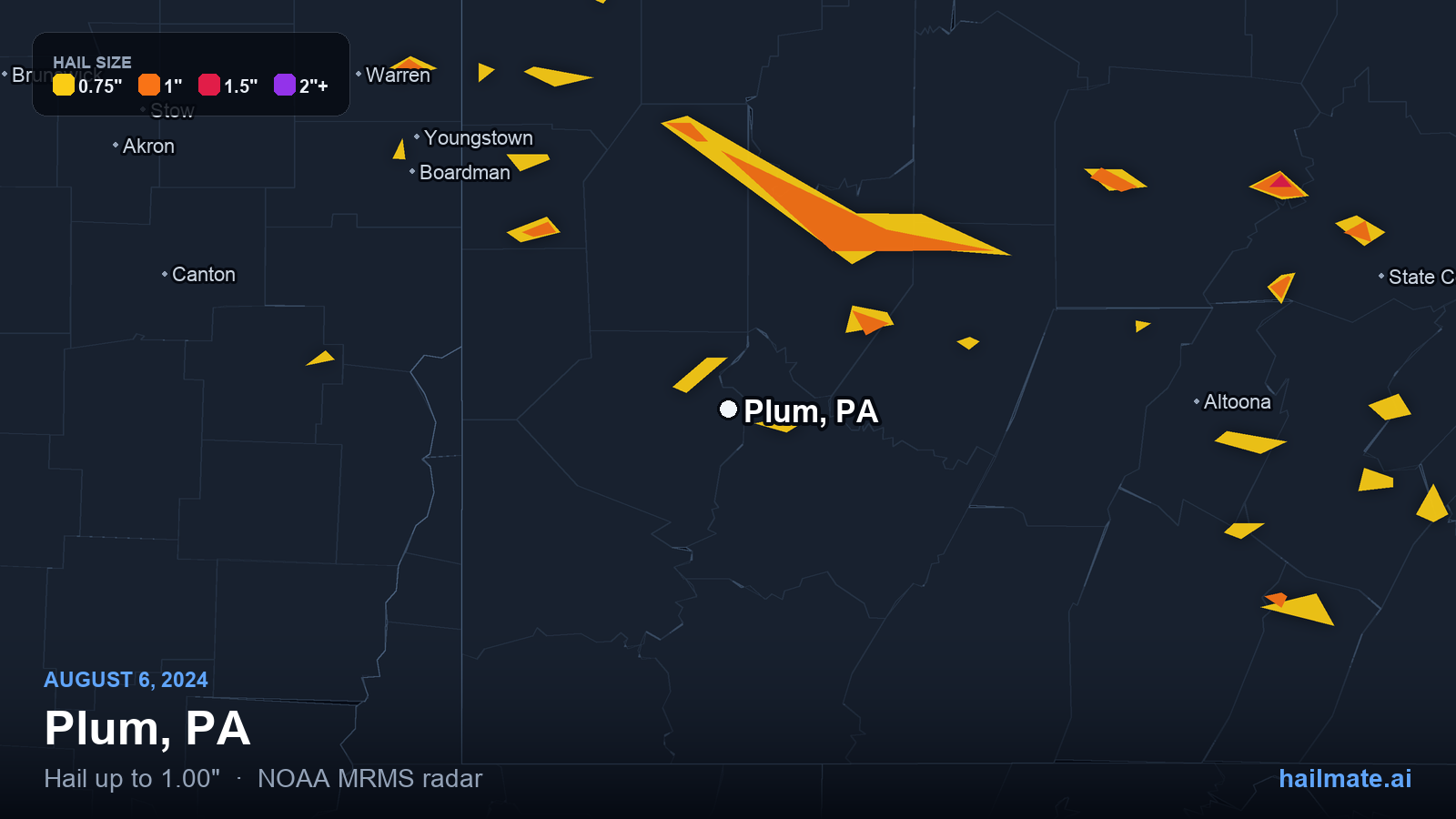 Hail swath map for Plum, PA on August 6, 2024 showing 1.00 inch hail.