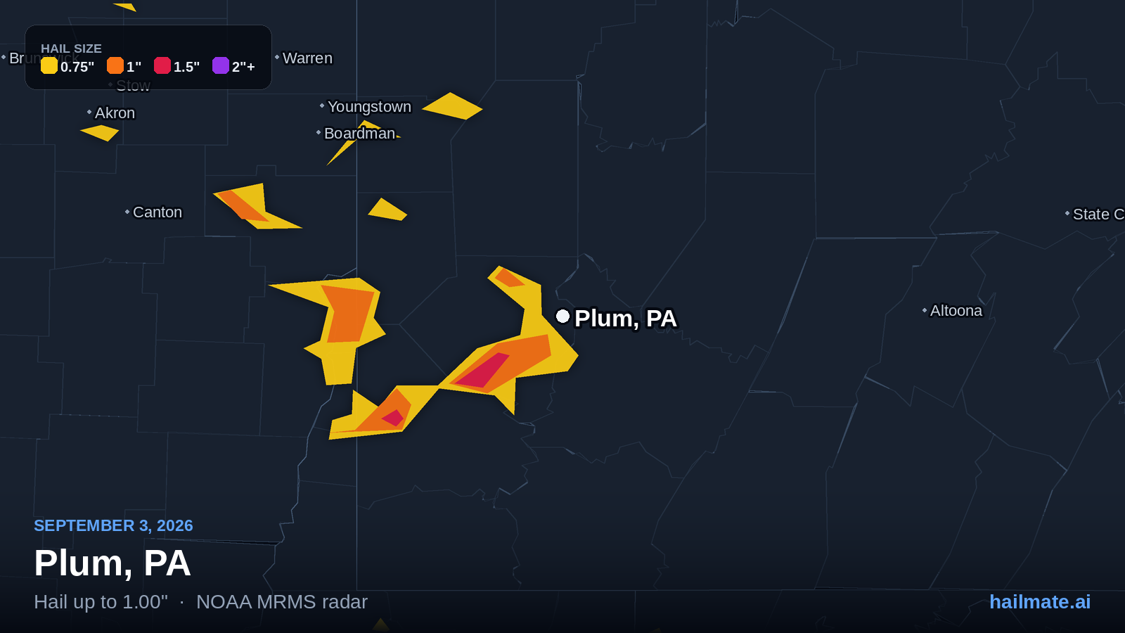 Hail swath map for Plum, PA on September 3, 2026 showing 1.00 inch hail.
