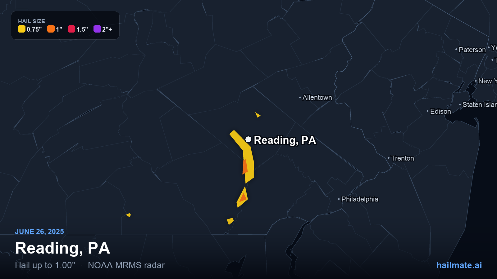 Hail swath map for Reading, PA on June 26, 2025 showing 1.00 inch hail.