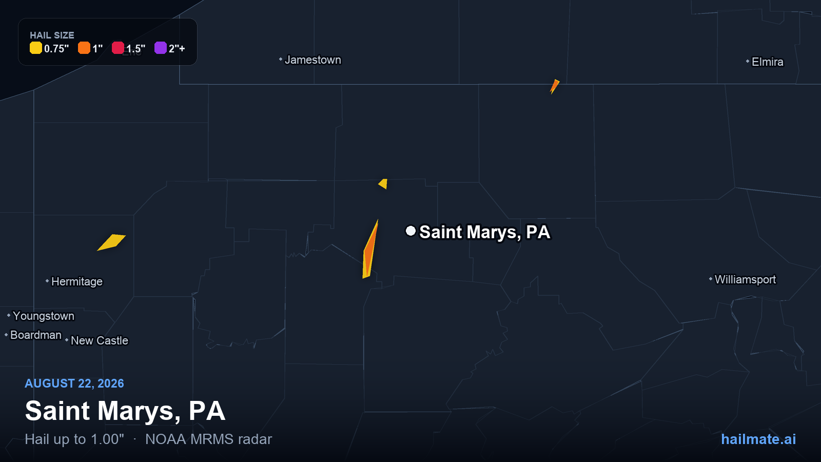 Hail swath map for Saint Marys, PA on August 22, 2026 showing 1.00 inch hail.