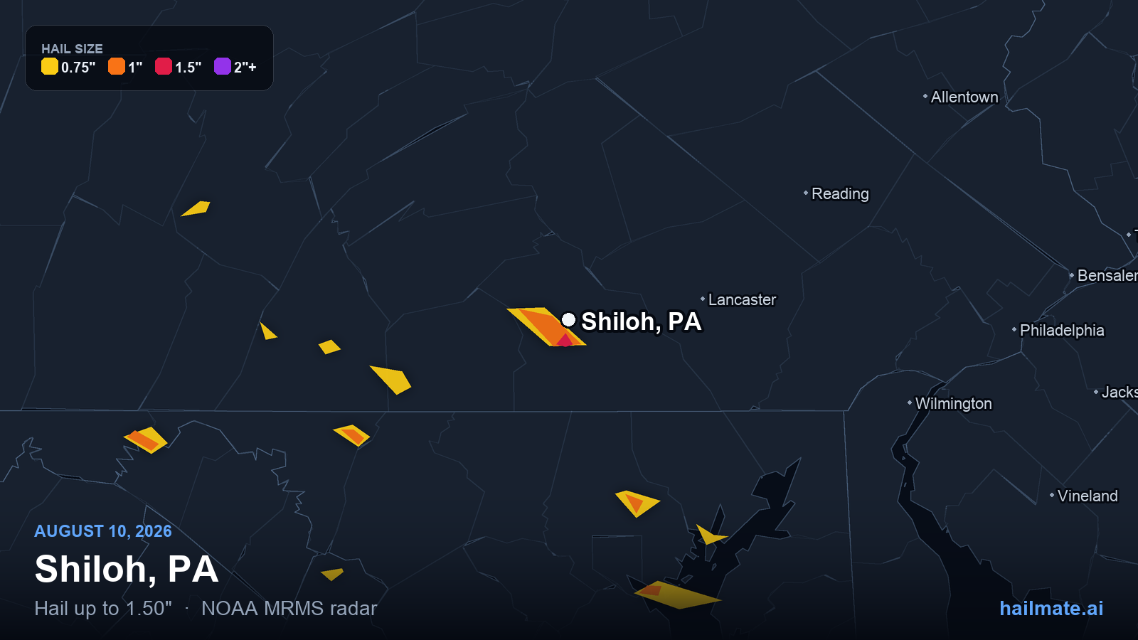 Hail swath map for Shiloh, PA on August 10, 2026 showing 1.50 inch hail.