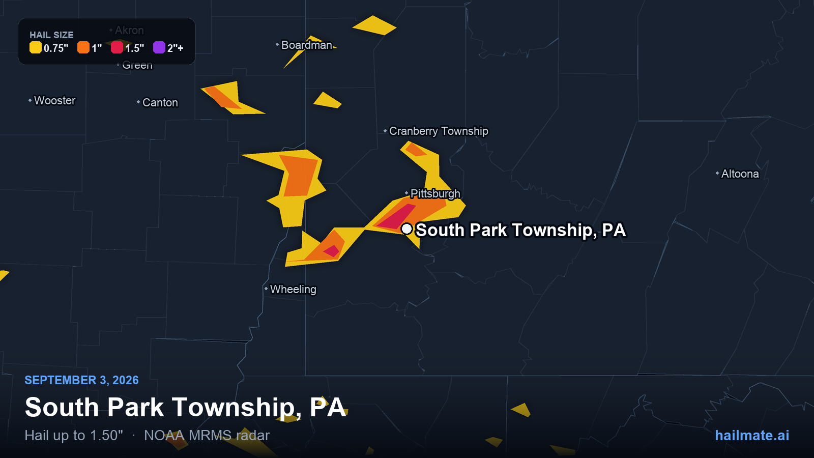 Hail swath map for South Park Township, PA on September 3, 2026 showing 1.50 inch hail.