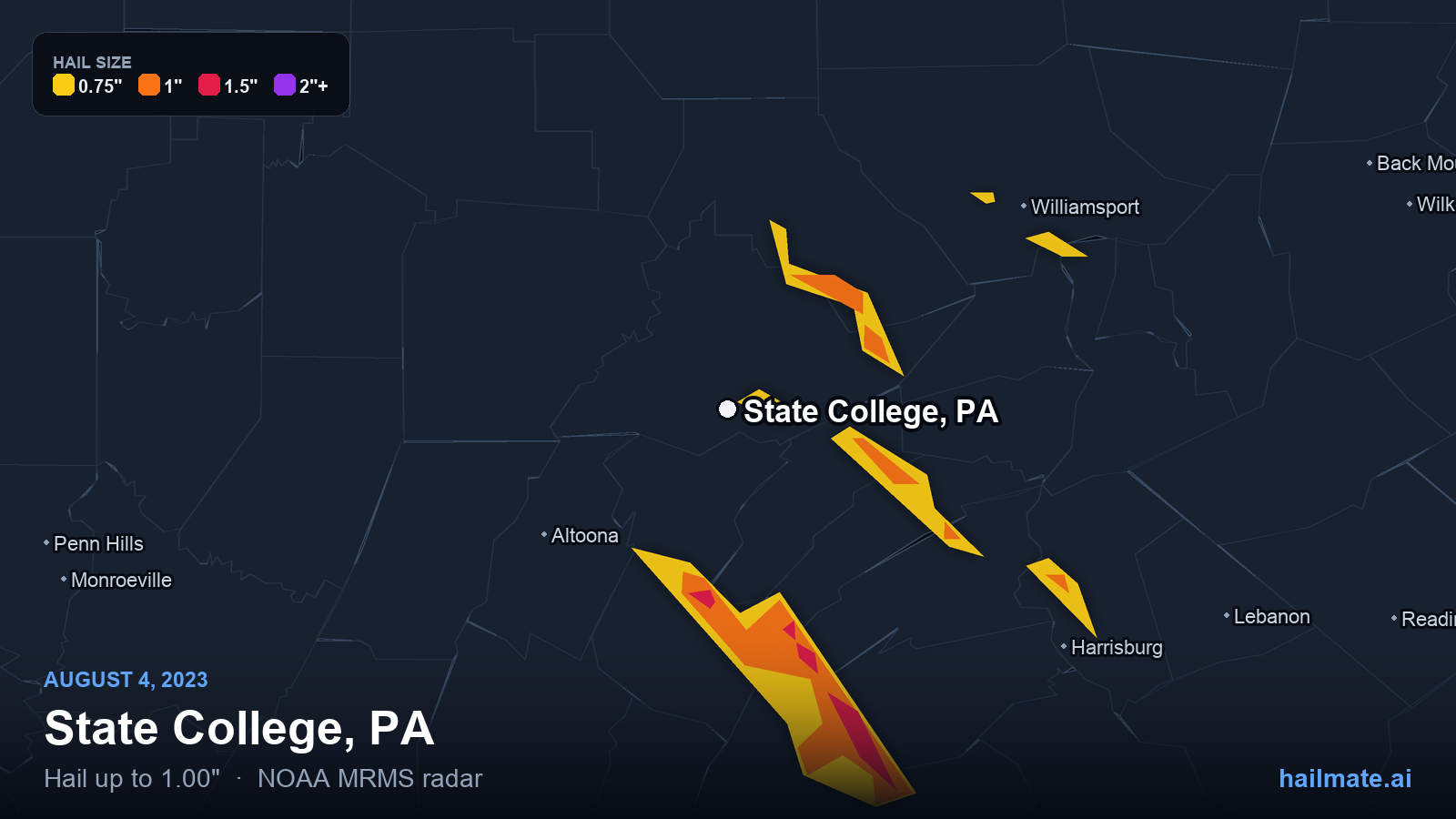 Hail swath map for State College, PA on August 4, 2023 showing 1.00 inch hail.
