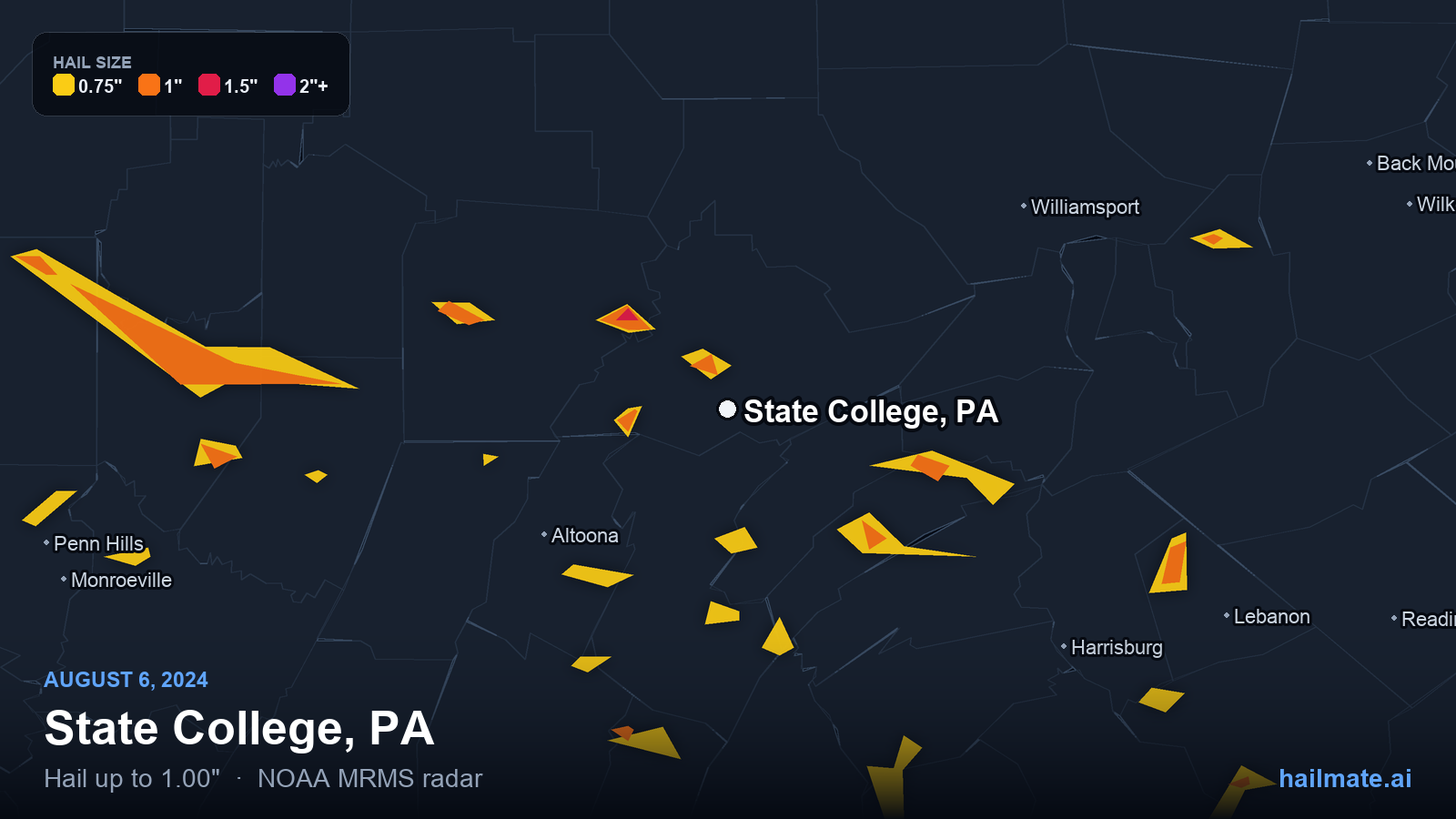 Hail swath map for State College, PA on August 6, 2024 showing 1.00 inch hail.