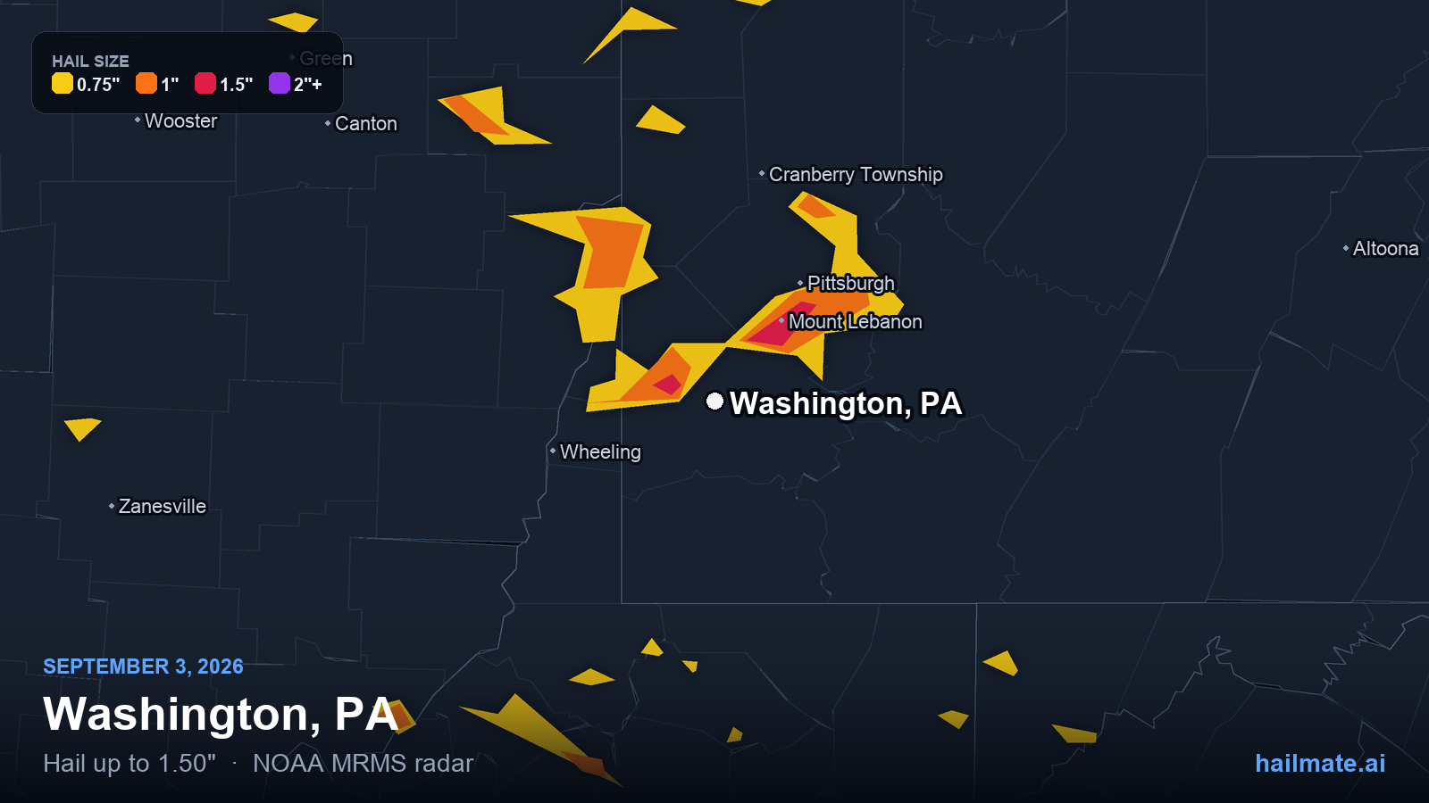 Hail swath map for Washington, PA on September 3, 2026 showing 1.50 inch hail.