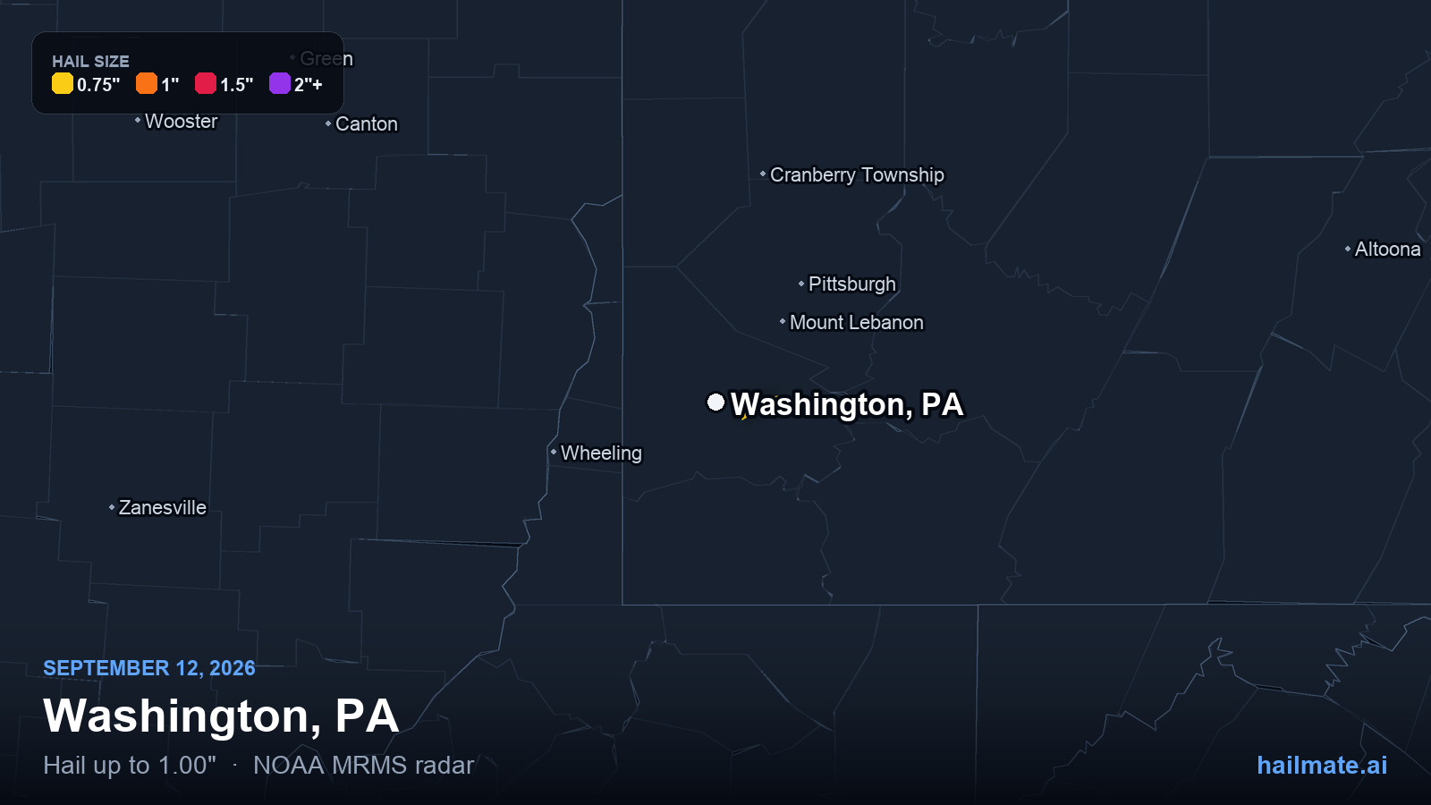 Hail swath map for Washington, PA on September 12, 2026 showing 1.00 inch hail.