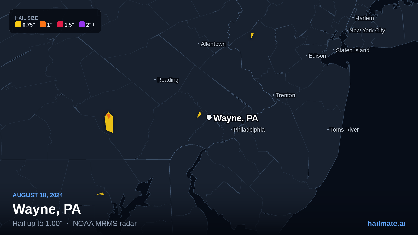 Hail swath map for Wayne, PA on August 18, 2024 showing 1.00 inch hail.