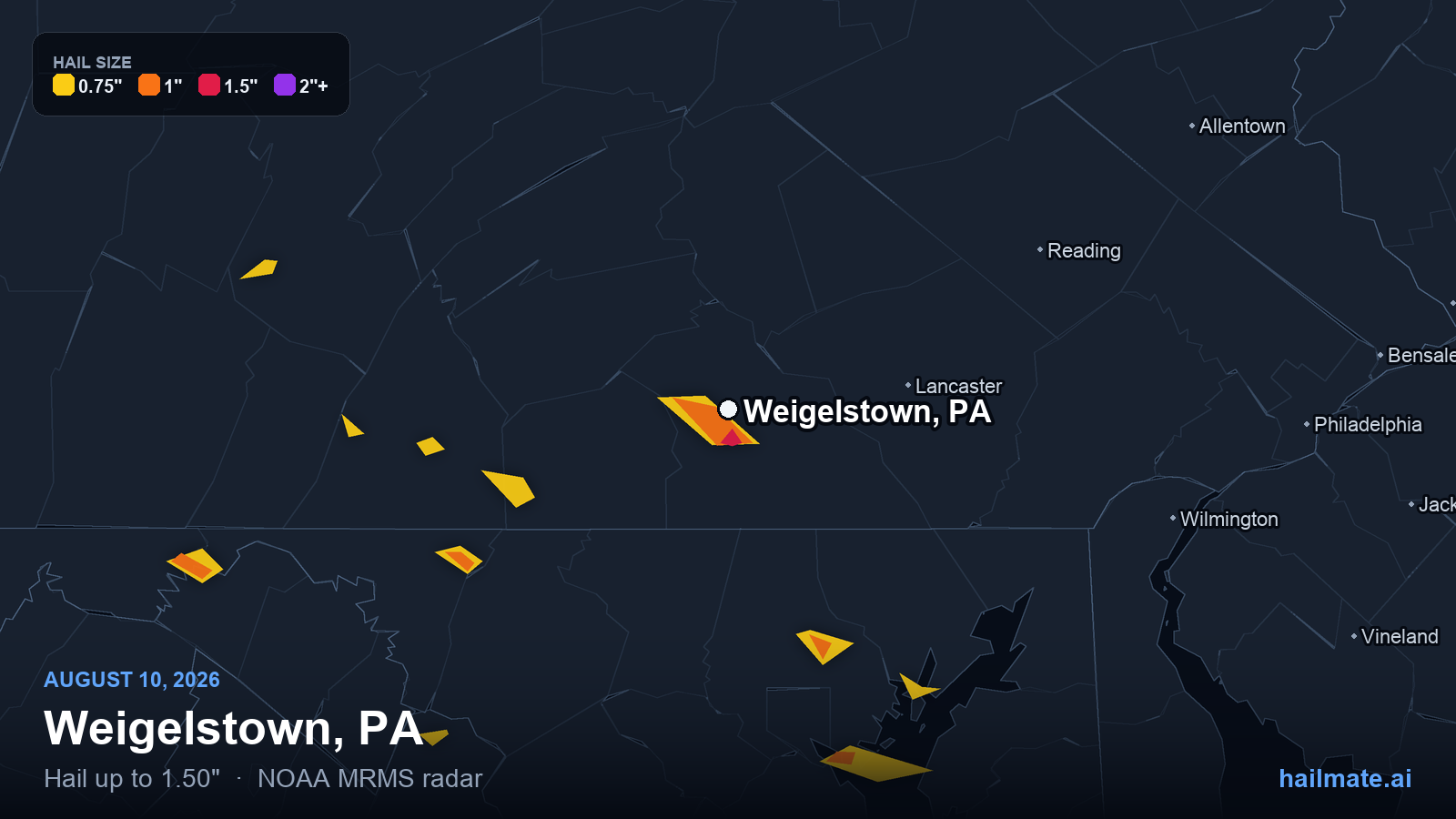 Hail swath map for Weigelstown, PA on August 10, 2026 showing 1.50 inch hail.