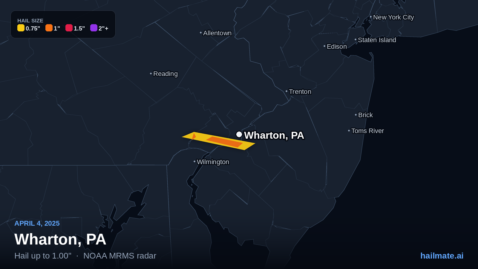 Hail swath map for Wharton, PA on April 4, 2025 showing 1.00 inch hail.