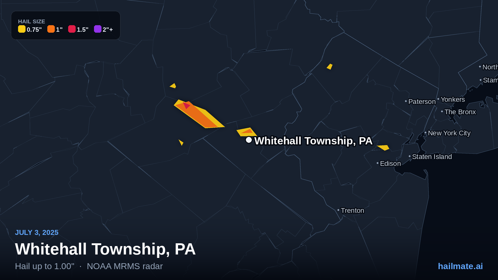 Hail swath map for Whitehall Township, PA on July 3, 2025 showing 1.00 inch hail.